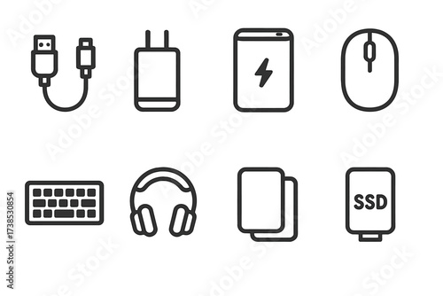 Tech Gear Icons. Outline icon set of tech gear accessories: USB cable, charger, power bank, wireless mouse, keyboard, headphones, screen protector, portable