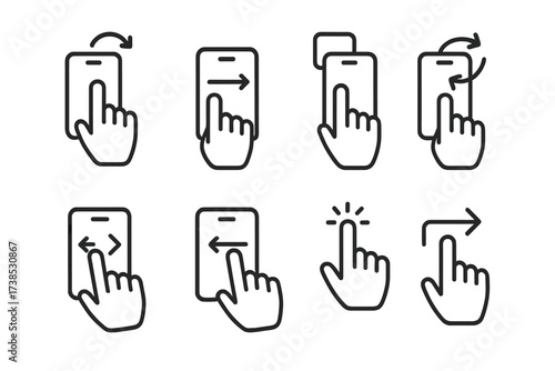 Touchscreen Gesture Icons. Outline icon set of touchscreen gestures for apps: pull to refresh, swipe to delete, drag and drop, rotate, zoom in, zoom out, tap