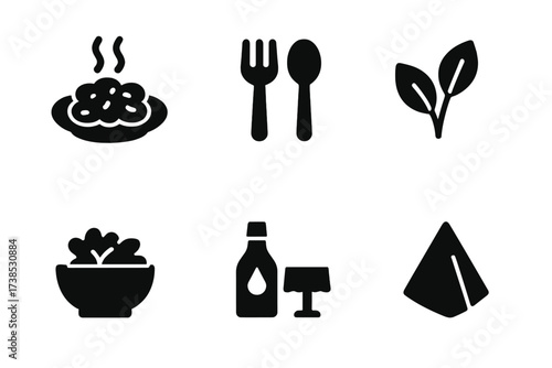 Steamed Beans Icon Set. Solid, filled icon set of steamed beans serving: plate with beans, fork, spoon, garnish leaves, salad bowl, sauce bottle, dining table,