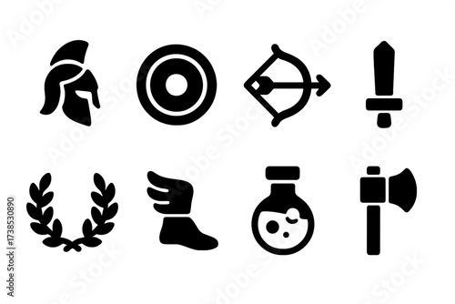 Mythical Heroes Icons. Solid, filled icon set of mythological heroes: warrior helmet, shield, bow and arrow, sword, laurel crown, winged boots, magic potion,