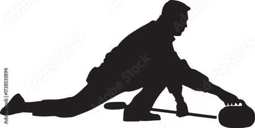 Curling player - man. An isolated man playing curling with stone and broom. Vector icon.
