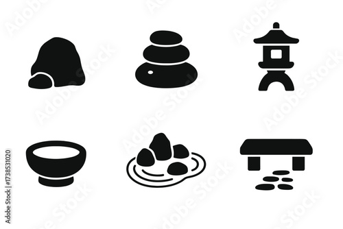 Stone Garden Icons. Solid, filled icon set of stone garden elements: garden stone, zen stone stack, stepping stone, stone lantern, stone basin, rock garden,