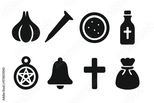 Kikimora Charm Icons. Solid, filled icon set of kikimora protective charms: garlic, iron nail, salt circle, holy water, protective amulet, bell, cross,