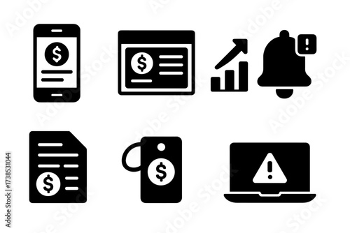 Loan Management Icons. Solid, filled icon set of loan tracking: mobile app screen, dashboard panel, repayment chart, notification bell, transaction log, loan