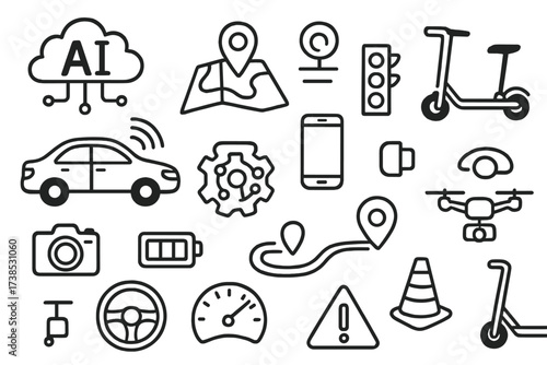 AI Transportation Illustrations. Hand-drawn doodle illustration AI in transportation self-driving car, gps map, traffic light, cloud network, algorithm gear,