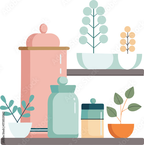 vector illustration of a minimalist kitchen shelf. Matching ceramic canisters for flour, sugar, and tea, all in pastel colors on transparent background