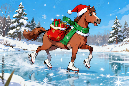 Cartoon horse wearing Santa hat, green scarf, and ice skates gliding joyfully on a frozen lake with a sack of presents in a snowy winter wonderland