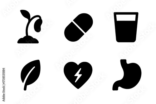 Nutrition Icon Set. Solid, filled icon set of bean sprout nutrition: vitamin capsule, protein symbol, water glass, leaf, energy bolt, calorie counter, heart,