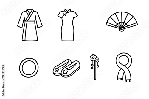 Chinese Clothing Icons. Outline icon set of Chinese traditional clothing: hanfu dress, cheongsam, silk robe, folding fan, jade bracelet, embroidered shoes,