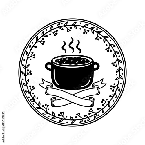 Vector art of handdrawn illustration of a steaming pot of soup or stew in a decorative circular frame with a banner