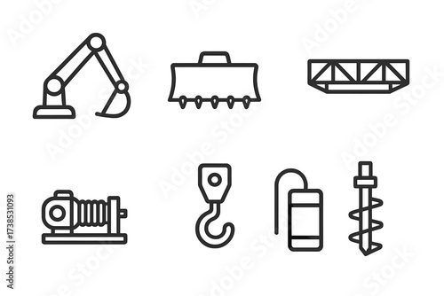 Combat Engineering Tools Icons. Outline icon set of combat engineering vehicle tools: hydraulic arm, bulldozer blade, mine plow, bridge section, winch, crane