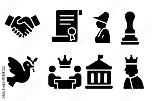 Diplomacy Icon Set. Solid, filled icon set of empire diplomacy: handshake, treaty scroll, messenger, seal stamp, peace dove, crown meeting, embassy, royal