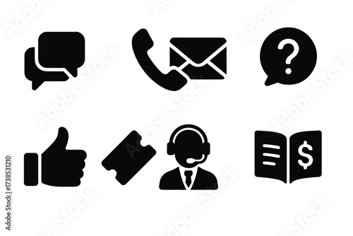 Finance App Support Icons. Solid, filled icon set of finance app customer service: chat, phone, email, FAQ, feedback, ticket, support agent, knowledge base.