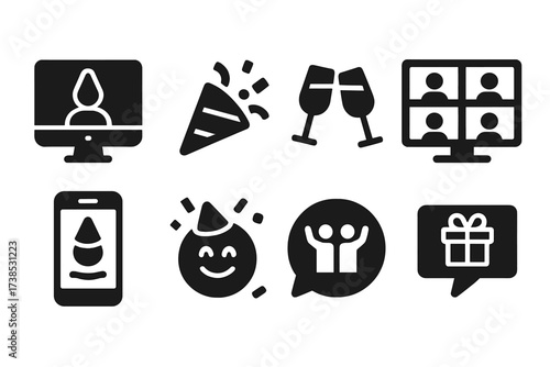 Virtual Celebration Icons. Solid, filled icon set of virtual celebrants: webcam party, confetti emoji, virtual toast, online group screen, digital invite,
