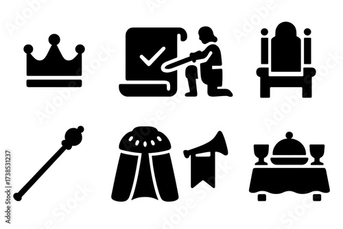 Feudal Ceremony Icons. Solid, filled icon set of feudal ceremonies: coronation crown, oath scroll, knight?s accolade, throne, scepter, royal robe, herald