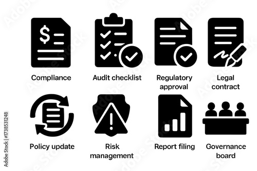 Fund Regulations Icon Set. Solid, filled icon set of fund regulations: compliance document, audit checklist, regulatory approval, legal contract, policy