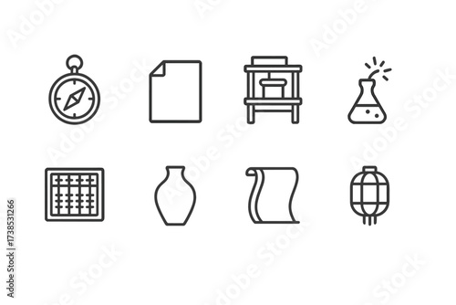 Chinese, Japanese Icon Set. Outline icon set of Chinese technology and inventions: compass, paper, printing press, gunpowder, abacus, porcelain, silk, lantern.