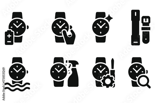 Watch Maintenance Icons. Solid, filled icon set of watch maintenance: battery replacement, winding, polishing, strap change, waterproof test, cleaning,
