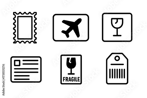 Airmail Icon Set. Solid, filled icon set of airmail stamps and labels: postage stamp, airmail sticker, customs declaration, priority mail tag, fragile sticker,