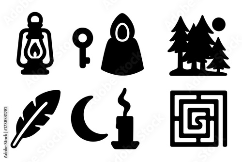 Mystical Icon Set. Solid, filled icon set of mysterious signs: lantern, keyhole, cloaked figure, dark forest, owl feather, moon crescent, candle smoke,