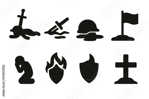 Battlefield Sacrifice Icons. Solid, filled icon set of battlefield sacrifice: fallen soldier, broken sword, empty helmet, blood-soaked ground, flag in ground,