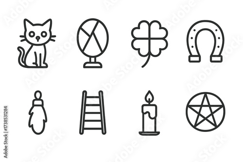 Superstition Icon Set. Outline icon set of superstition: black cat, broken mirror, four-leaf clover, horseshoe, rabbit?s foot, ladder, candle, pentagram. Line
