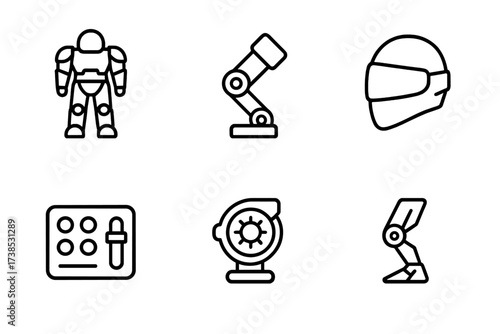 Exosuit Icon Set. Outline icon set of exosuit: powered armor, robotic arm, hydraulic joint, helmet visor, control panel, energy core, mechanical leg, sensor