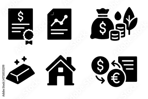 Inflation Financial Icons. Solid, filled icon set of inflation-related financial instruments: inflation bonds, derivatives, hedge funds, commodities, gold,