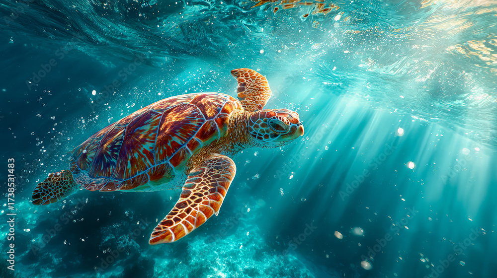Fototapeta premium Sea turtle gliding through clear turquoise water sunlight streaming vibrant peaceful underwater marine nature ocean