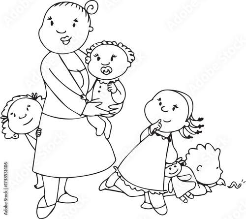 Big family vector. A mother or a baby-sitter with four little children. Coloring vector illustration
