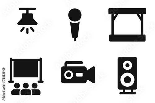 Presentation Settings Icons. Solid, filled icon set of presentation settings: lighting, microphone, audience, stage, backdrop, camera, seating, sound system.
