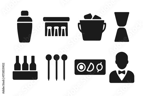 Bartending Icon Set. Solid, filled icon set of strainer party and bartending: cocktail shaker, bar counter, ice bucket, jigger, bottle rack, cocktail picks,