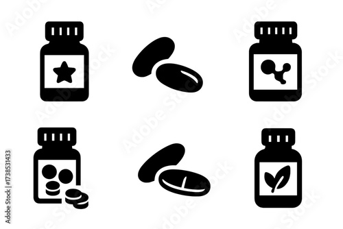 Dietary Supplement Icons. Solid, filled icon set of dietary supplements: vitamin bottle, fish oil capsules, protein powder, multivitamins, probiotics, calcium