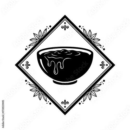 Vector art of black silhouette of a bowl filled with a thick liquid or sauce, dripping down, , with decorative elements