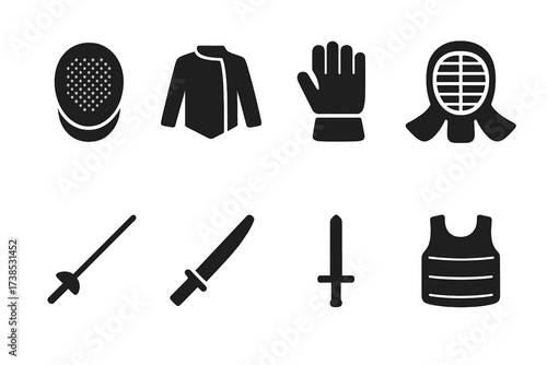 Sword Fighting Icons. Solid, filled icon set of sword fighting equipment: fencing mask, fencing jacket, fencing glove, kendo armor, training sword, wooden