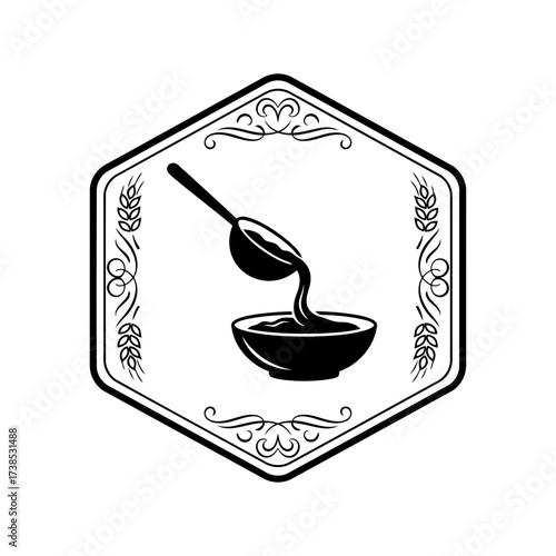 Vector art of black and white illustration of a ladle pouring liquid into a bowl, framed by a decorative hexagonal border