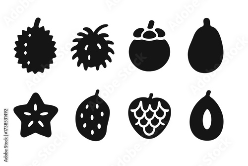 Exotic Fruit Icons. Solid, filled icon set of exotic fruits: durian, rambutan, mangosteen, jackfruit, starfruit, soursop, cherimoya, sapodilla. Solid, filled