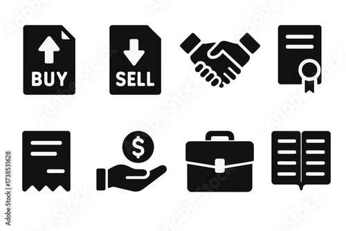 Wall Street Icon Set. Solid, filled icon set of Wall Street transactions: buy order, sell order, handshake, contract, invoice, payment, portfolio, ledger.