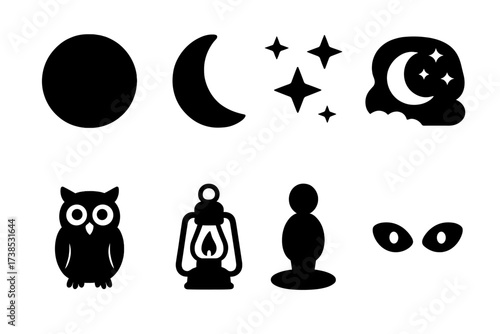 Night Icons Grid. Solid, filled icon set of night and moonlight themes: full moon, crescent moon, stars, night sky, owl, lantern, shadow, glowing eyes. Solid,