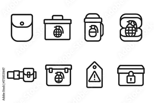 Grenade Storage Icons. Outline icon set of grenade storage and transport: carrying pouch, ammo box, safety container, padded case, tactical belt, secure box,