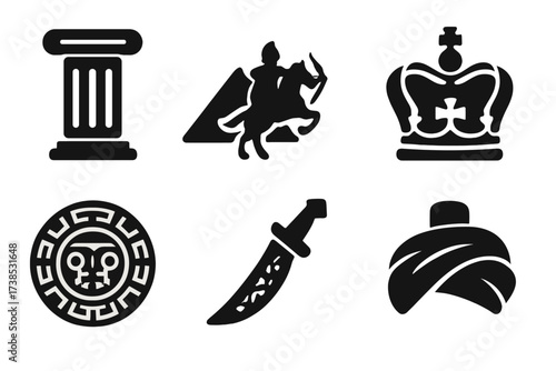 Empire Icon Collection. Solid, filled icon set of famous empires: roman column, egyptian pyramid, mongol horseman, british crown, aztec calendar, persian