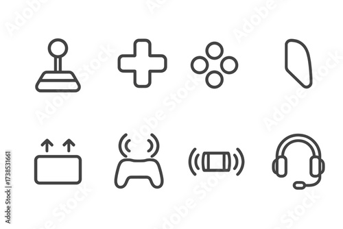 Gaming Control Icons. Outline icon set of gaming controls: joystick, D-pad, buttons, trigger, touchpad, motion sensor, vibration motor, headset mic. Line icons