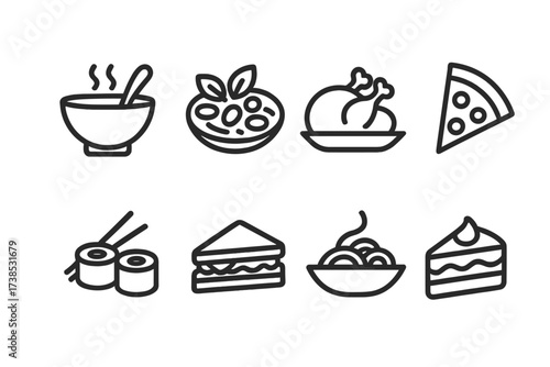 Cooked Dishes Icons. Outline icon set of cooked dishes: soup bowl, salad plate, roasted chicken, pizza slice, sushi roll, sandwich, pasta, cake slice. Line