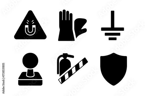 Magnetic Safety Icons. Solid, filled icon set of magnetic safety: warning sign, insulated gloves, safety glasses, grounding wire, emergency stop,