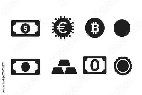 Currency Icons Grid. Solid, filled icon set of currency types: cash dollar, digital euro, crypto bitcoin, silver coin, gold bar, local note, rare bill,