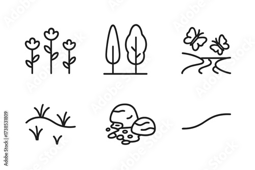 Nature Walk Icons. Outline icon set of romantic walk nature: blooming flowers, tall trees, butterflies, river stream, grassy hill, pebbled path, mossy stones,