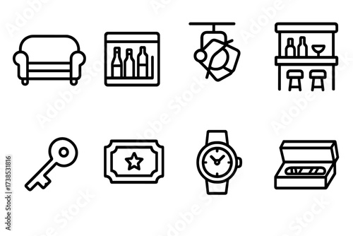 VIP Room Icon Set. Outline icon set of VIP room amenities: sofa, minibar, spotlight, private bar, gold key, exclusive invitation, luxury watch, cigar box. Line