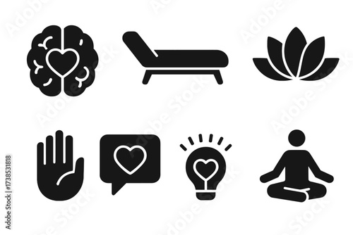 Psychological Support Icons. Solid, filled icon set of psychological support: brain with heart, therapist couch, speech bubble with heart, mindfulness lotus,