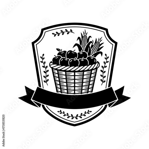 Vector art of a striking black and white illustration featuring a basket of fruits and corn, enclosed in a shieldlike emblem with laurel branches and a banner