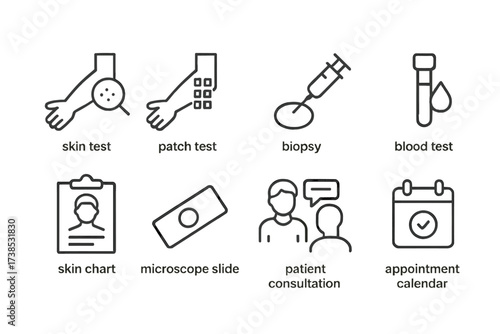 Dermatology Diagnostics Icons. Outline icon set of dermatology diagnostics: skin test, patch test, biopsy, blood test, skin chart, microscope slide, patient